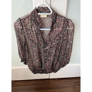 Pretty Good Floral Sheer Blouse Button Down Ruffle Neck Smocked Waist Size Small